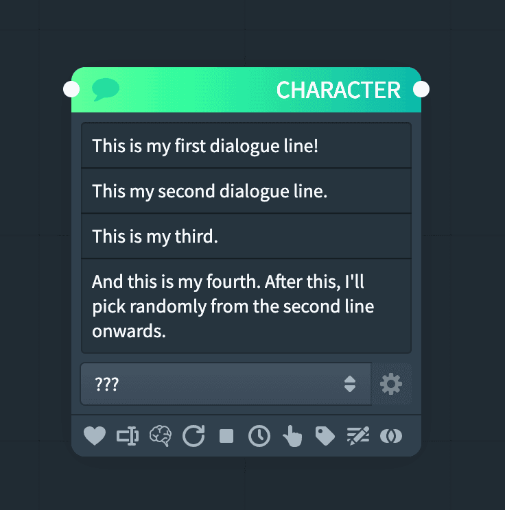 A Character node showing multiple individual lines of dialogue in a single node.