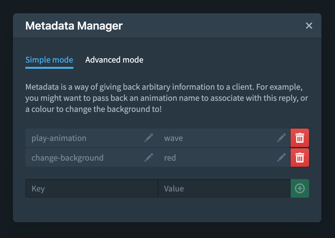 The metadata manager on a Character node, showing two entries for `play-animation` and `change-background`.