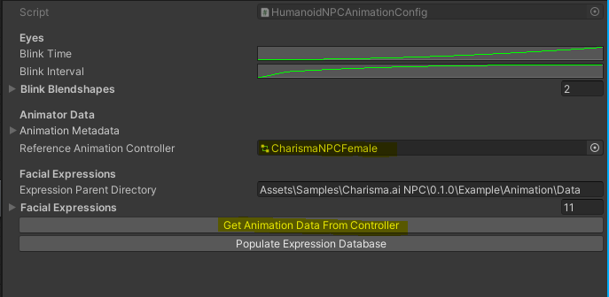Animation Configuration object in Inspector view. Button to get Animation Data from the reference Animation Controller is selected.