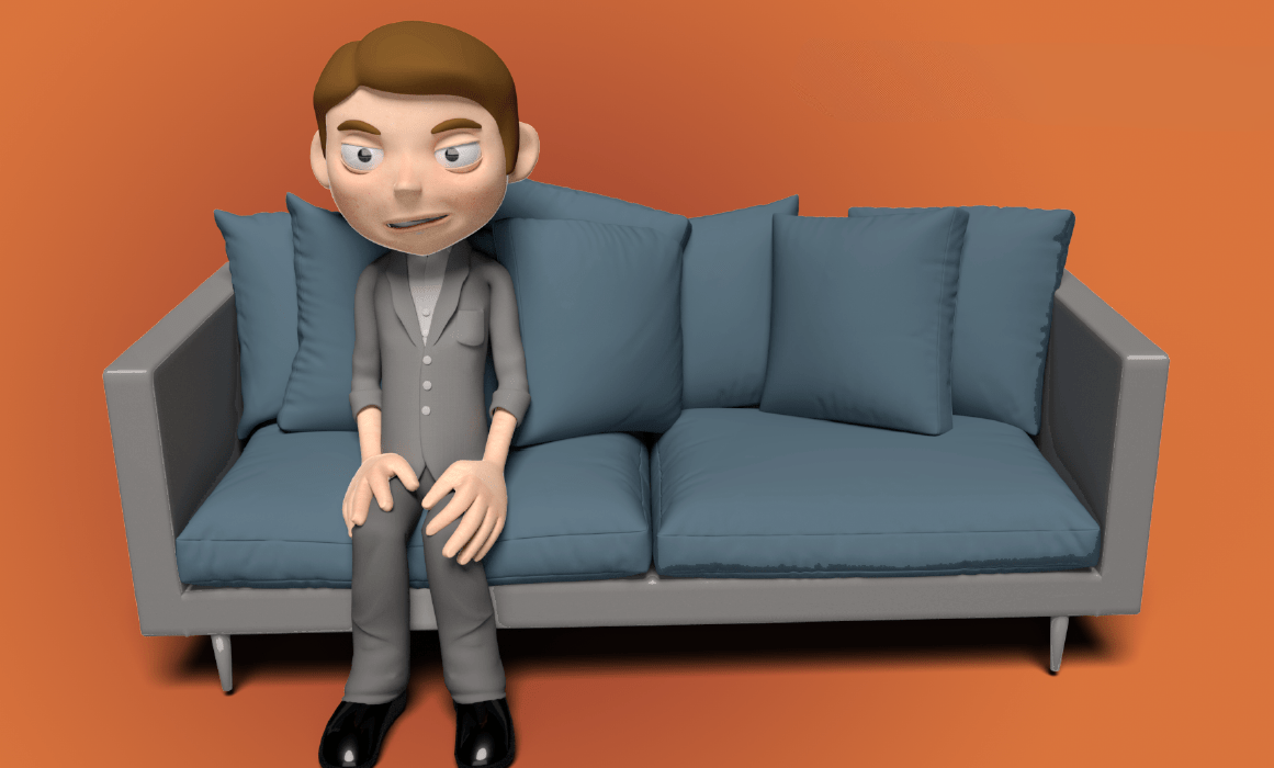 A cartoon man sitting on a grey couch front of an orange wall.