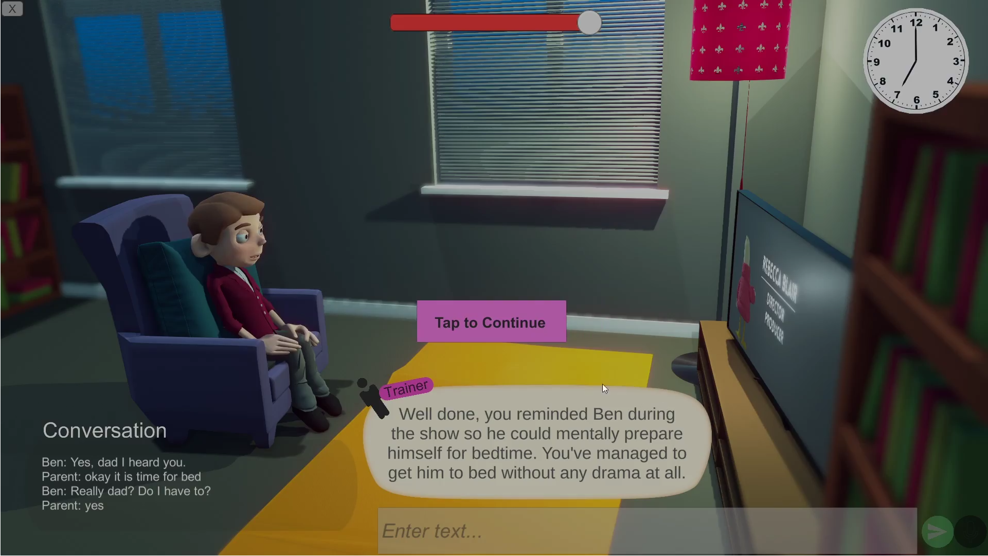 Character is sitting front of the tv, instruction are on the screen.
