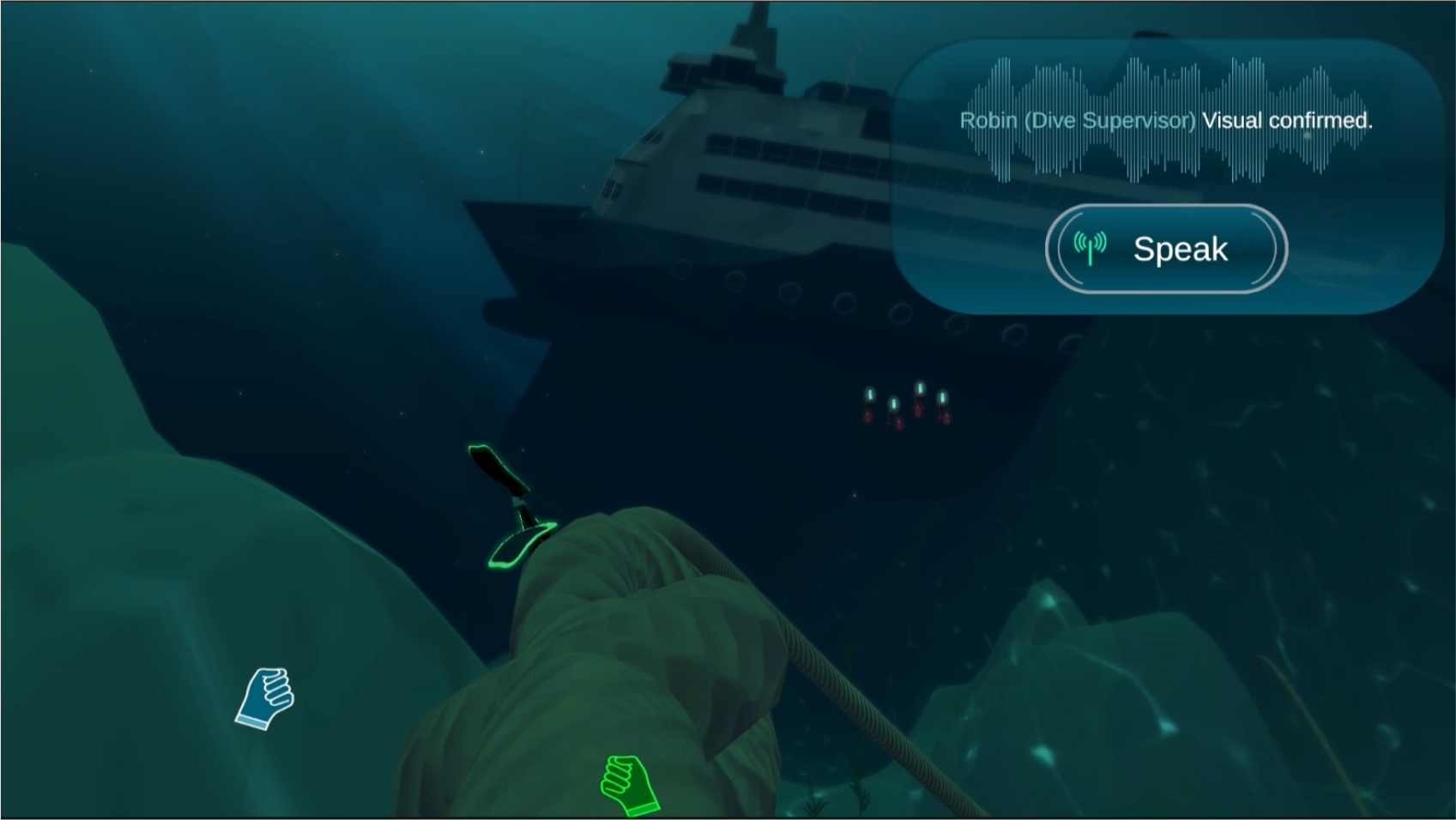 Under water, wrecked ship.