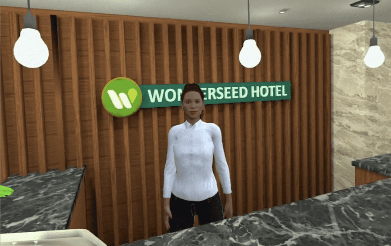 A woman standing behind a reception desk